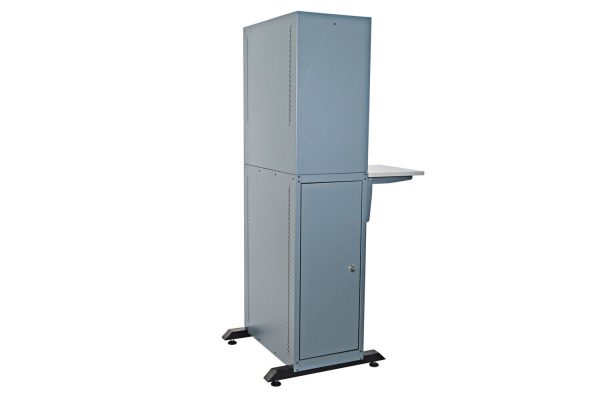 3329172482 ARMOIRE ELEVIT (STATION DE TRAVAIL) 1600 19" SUR PIED - VITREE - MONTE - 600X600X1600 - DIVISEE EN 3 COMPARTIMENTS - TABLE AVANT PLIANTE - MAX 200KG - BLEU - LANDE