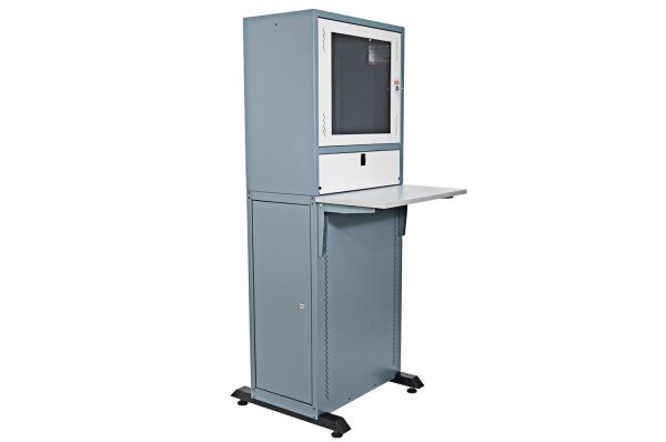 3329182859 ARMOIRE ELEVIT (STATION DE TRAVAIL) 1600 19" SUR PIED - VITREE - MONTE - 600X600X1600 - DIVISEE EN 3 COMPARTIMENTS - TABLE AVANT PLIANTE - MAX 200KG - BLEU - LANDE